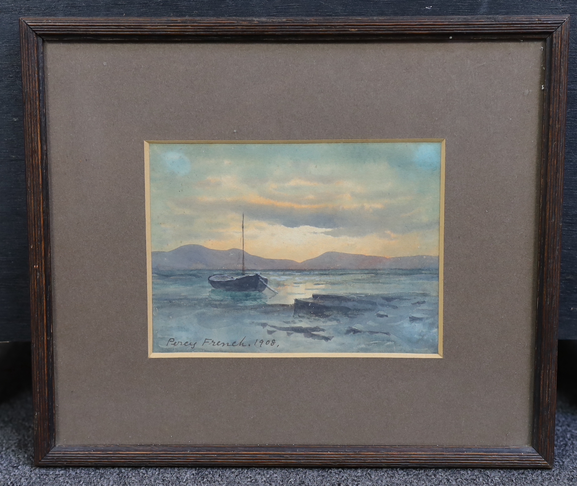 William Percy French (Irish, 1854-1920), Moored boat at sunset, watercolour, 12 x 16.5cm